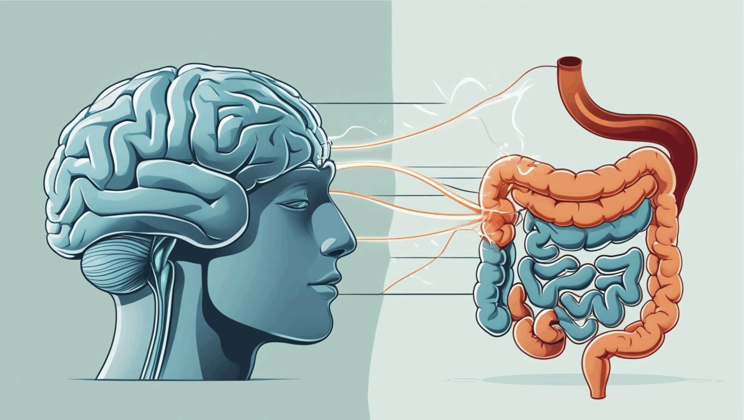 Illustration eines zweiteiligen Motivs: links ein stilisiertes Gehirn, rechts ein spiegelbildlicher Darm in ähnlicher Form. Zwischen beiden verlaufen symbolische Verbindungen wie Wellenlinien oder Blitze, die die Kommunikation zwischen Gehirn und Darm darstellen. Farbgebung in beruhigenden Blau- und Grüntönen mit warmen Akzenten.